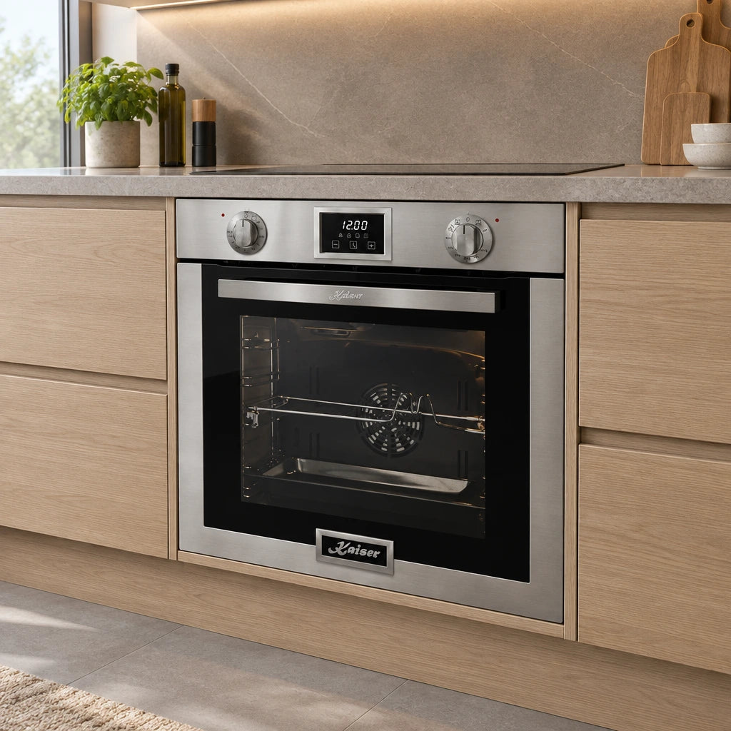 Kaiser built-in stainless-steel oven fitted beneath a stone worktop in a contemporary apartment kitchen