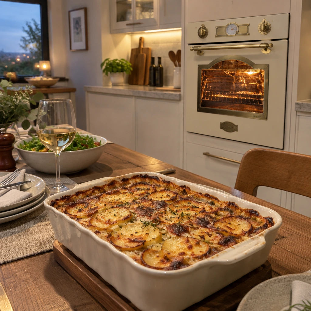 Finished browned vegetable gratin served near the closed ivory Kaiser Empire gas oven.