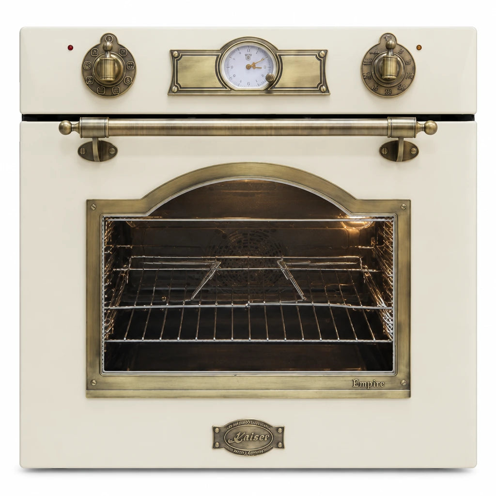 Kaiser 67L ivory and bronze Empire multifunctional gas oven shown front-facing on a white background.