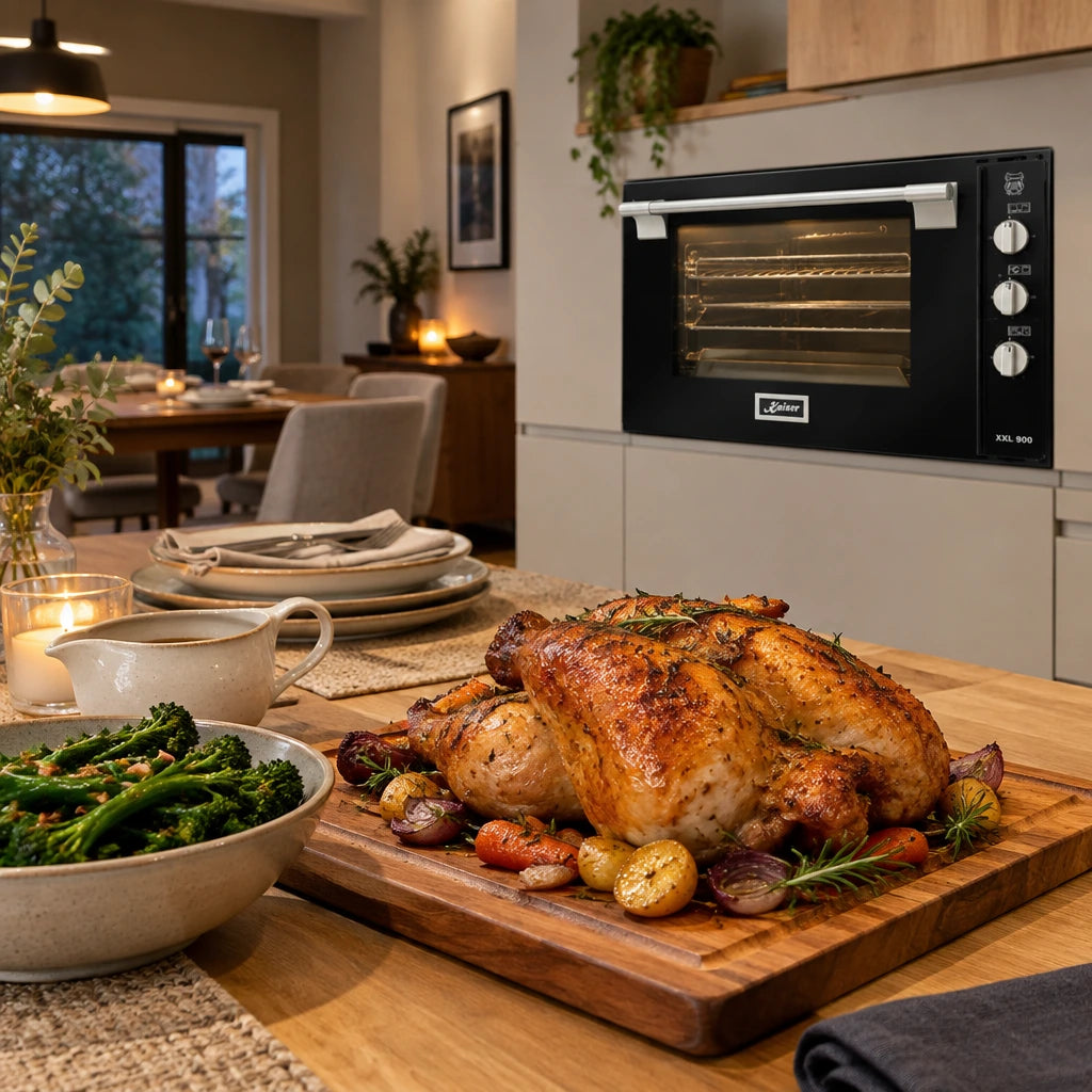 Finished browned roast ready to serve with the Kaiser wide black gas oven visible in the contemporary kitchen.