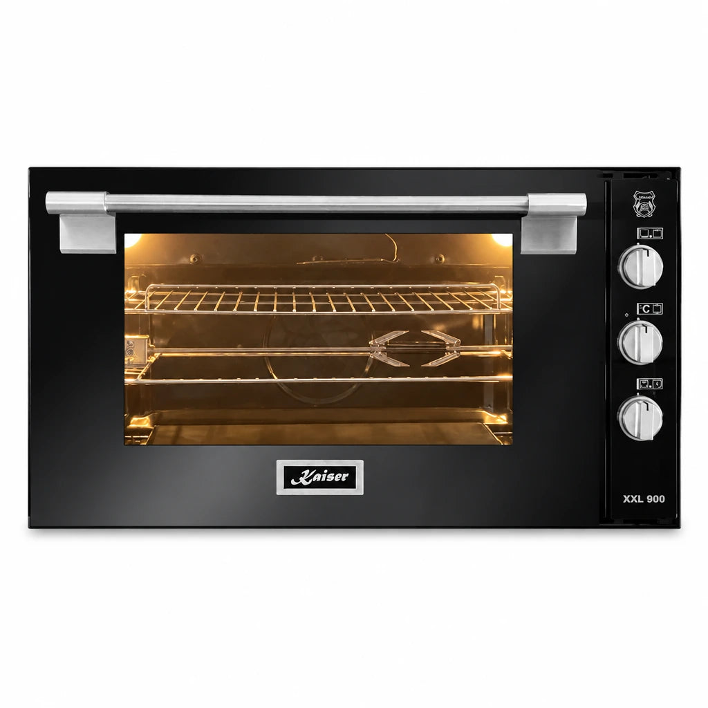 Kaiser 105L Avantgarde Pro 90cm black built-in gas oven with stainless handle and three control knobs on white background.