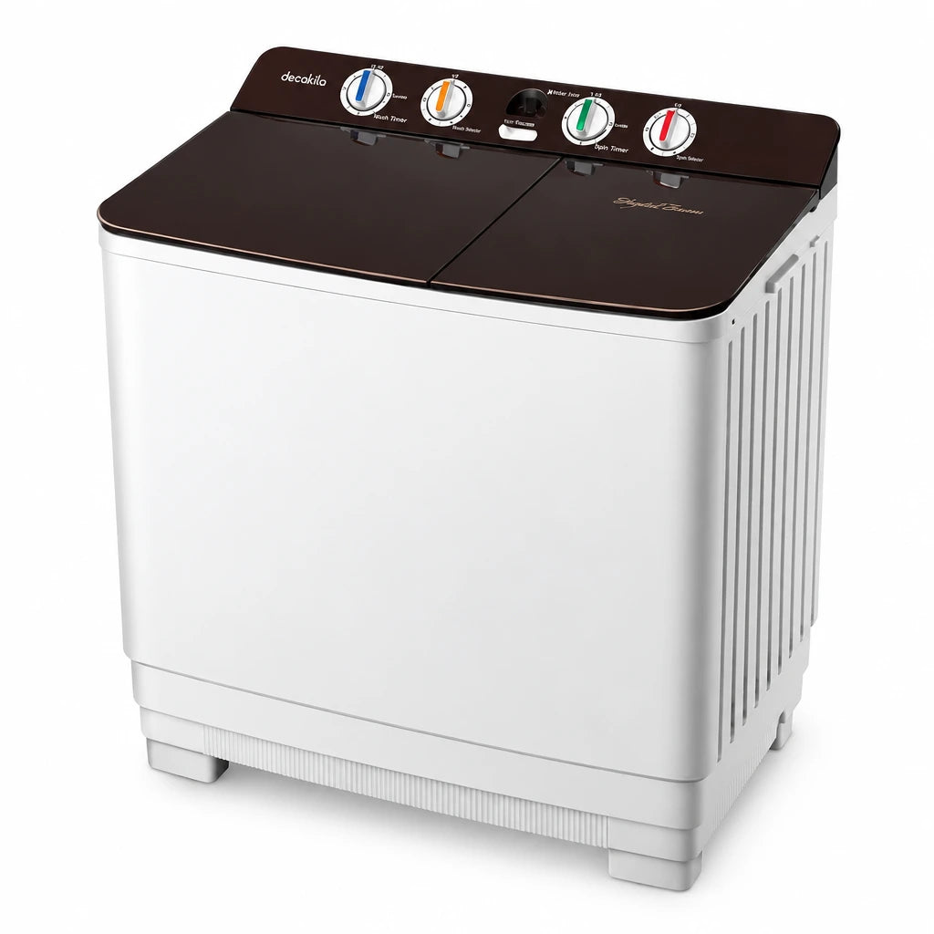Decakila KEDM002R white 15kg twin-tub washing machine with separate spin compartment and four control dials on a white background.