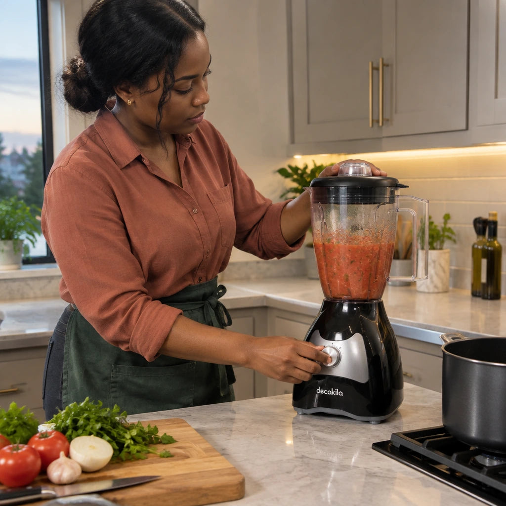 African American home cook using the Decakila stand blender to pulse-blend tomato sauce in a modern kitchen