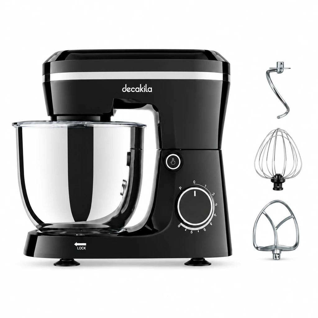 Decakila black 5L stand mixer with transparent bowl, speed dial and three visible mixing attachments on a white background