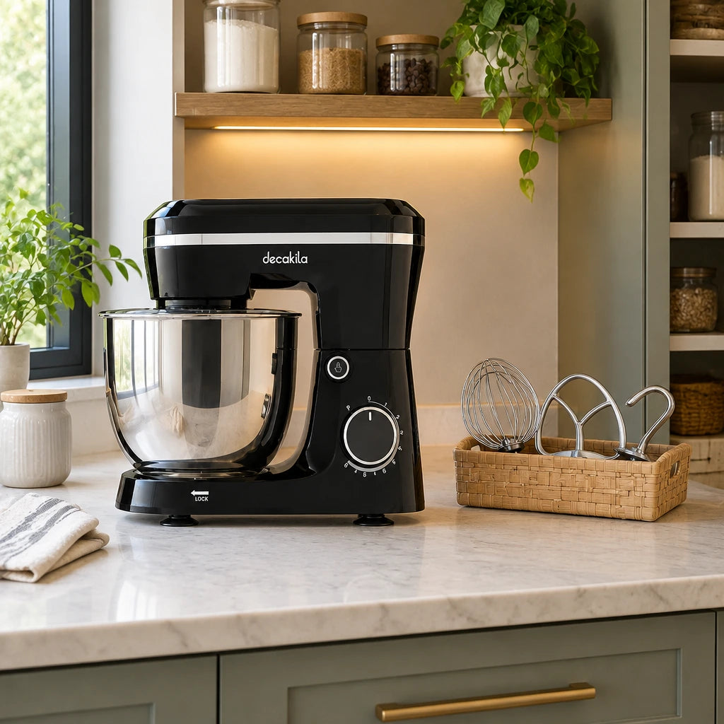 Decakila 5L black stand mixer resting on a refined home baking counter with its attachments stored nearby