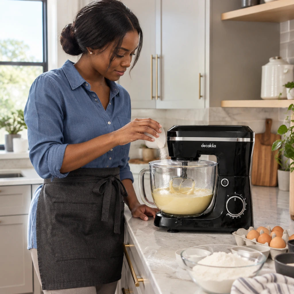 African American home baker adding an ingredient while a Decakila stand mixer beats cake batter in a kitchen
