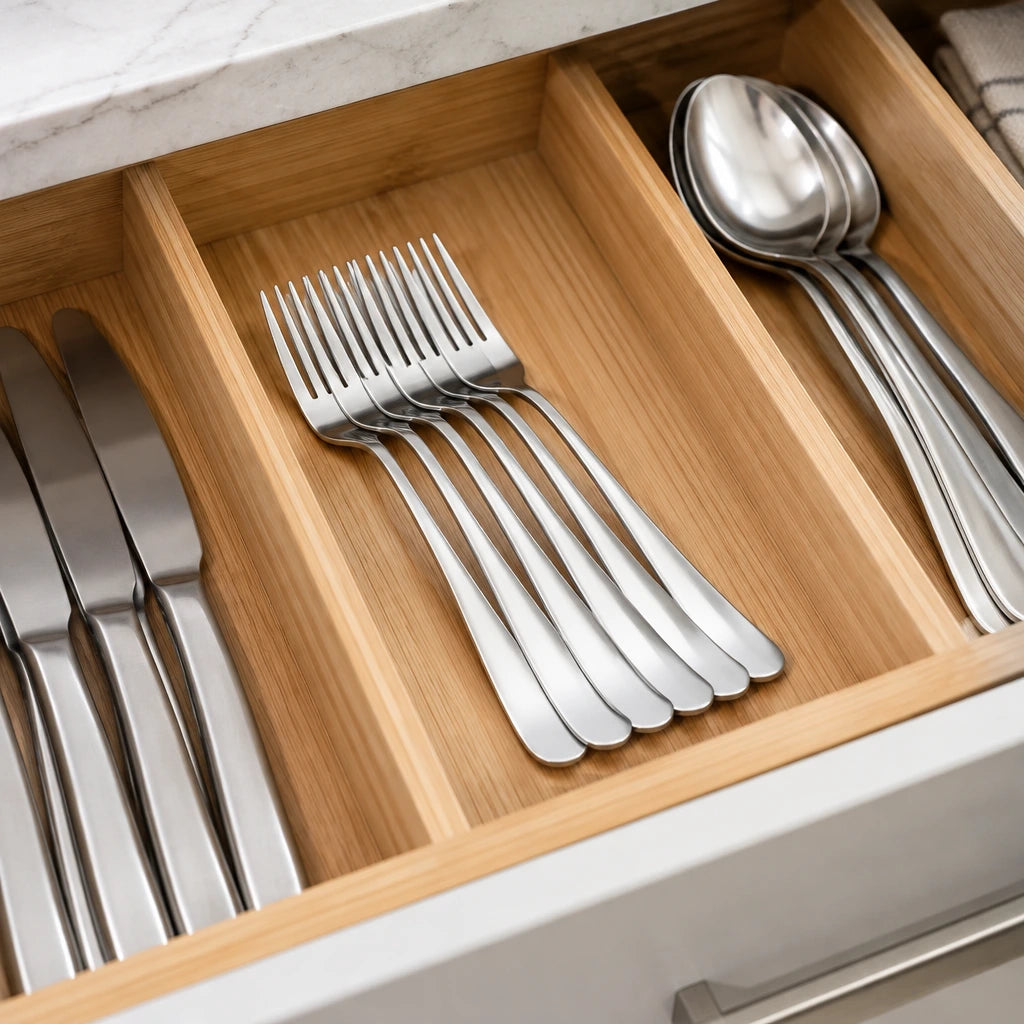 Decakila stainless steel forks stored together in a contemporary kitchen cutlery organiser.