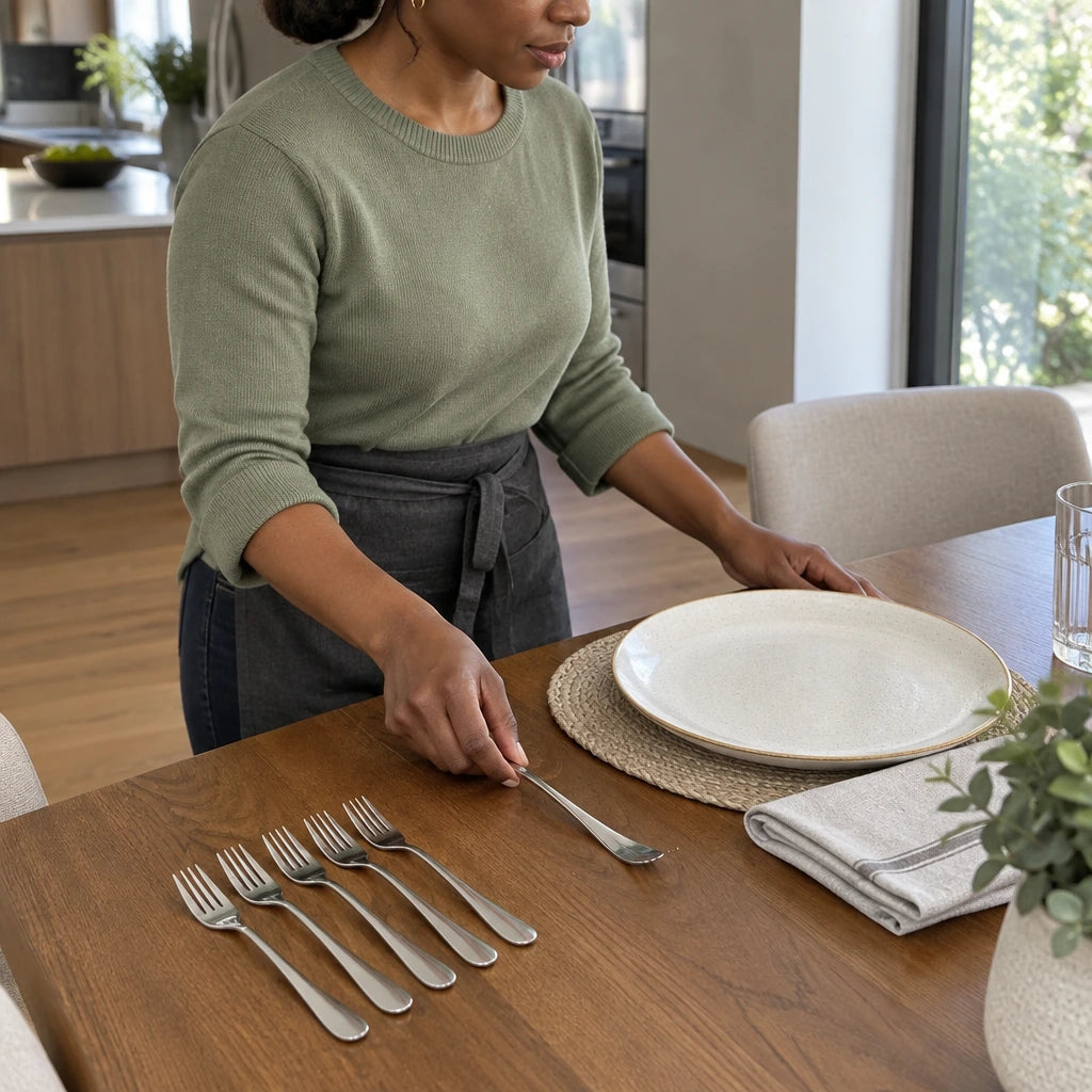 African American host places a Decakila stainless steel fork beside a plate while setting a coordinated dining table.