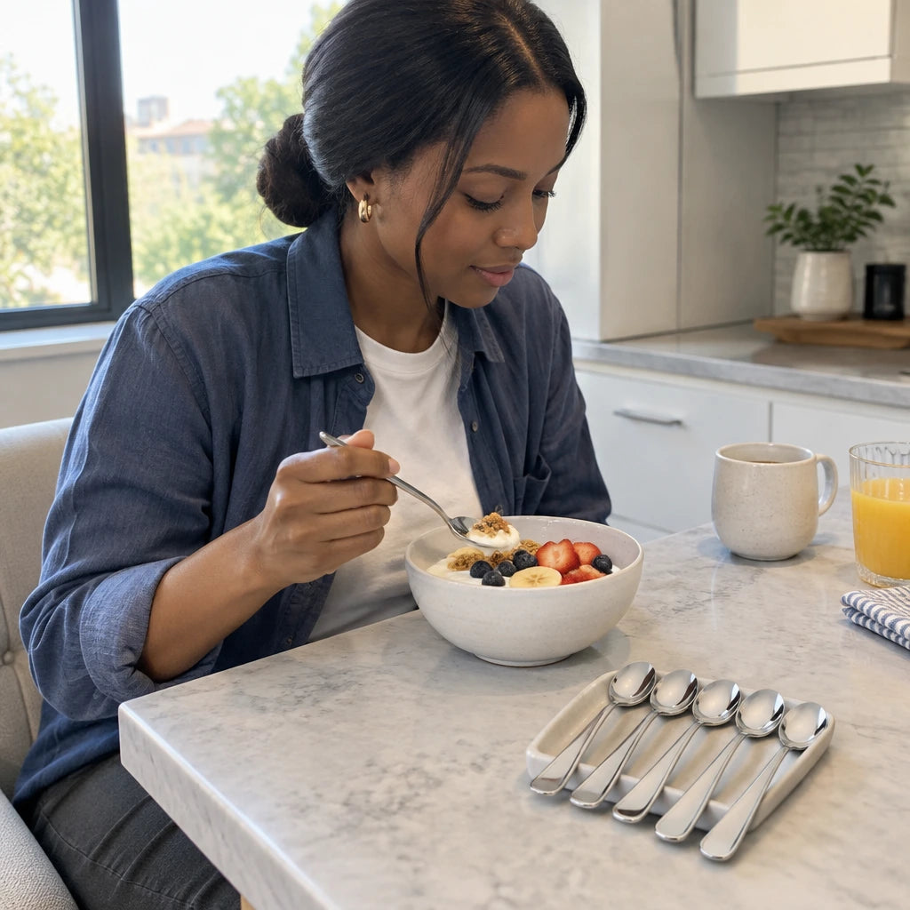 African American adult using a Decakila stainless steel spoon to eat breakfast at a refined home breakfast nook.