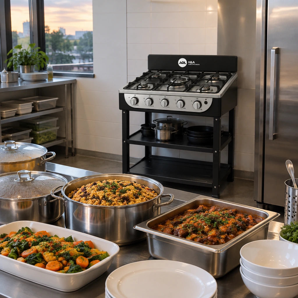 Finished multi-pot dishes ready for service beside the H&A five-burner gas stove in a clean catering kitchen