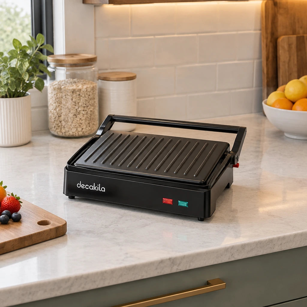 Decakila black contact grill resting closed on a contemporary kitchen counter between uses.