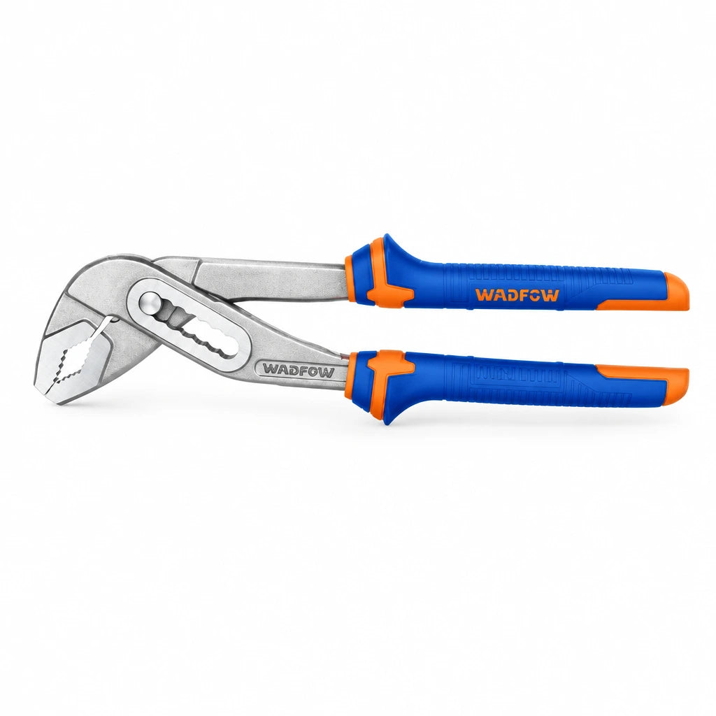 Wadfow WPL9C10 250 mm pump pliers with blue and orange handles and polished adjustable jaws on white background.
