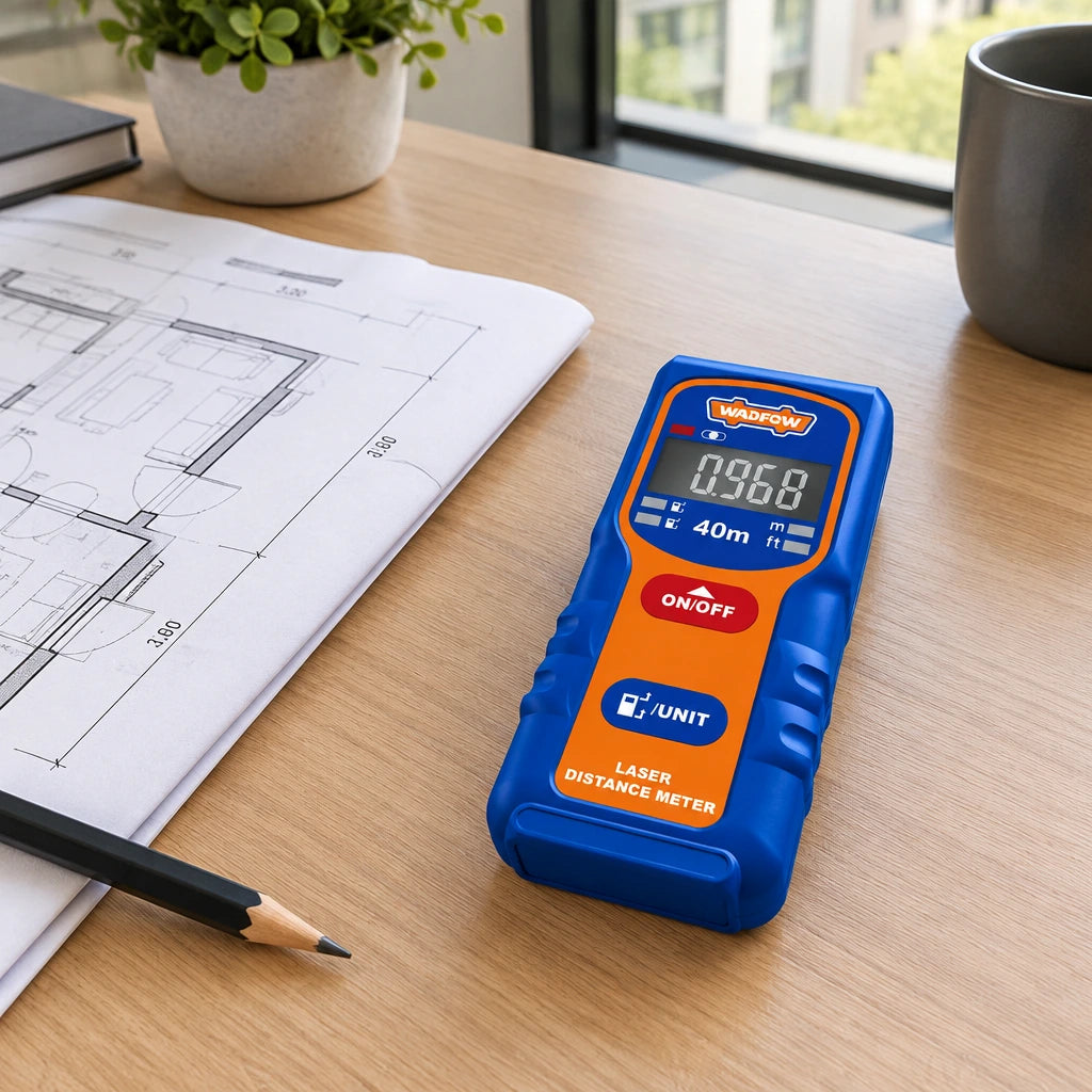 Wadfow laser distance meter resting beside an interior fitting plan on a contemporary work desk.