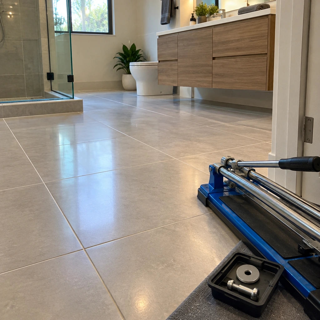 Finished contemporary bathroom tile installation with a reset manual cutter and Wadfow replacement scoring wheel nearby