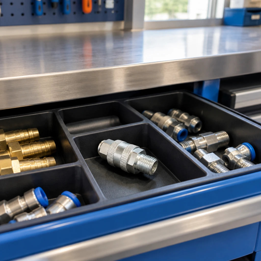 Wadfow male-thread air quick coupler stored in an organised pneumatic workshop parts tray