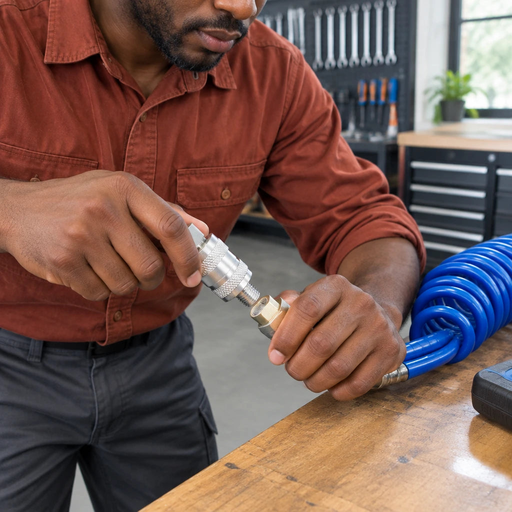 Technician installing a Wadfow 1/4-inch male-thread air quick coupler on a compressed-air hose
