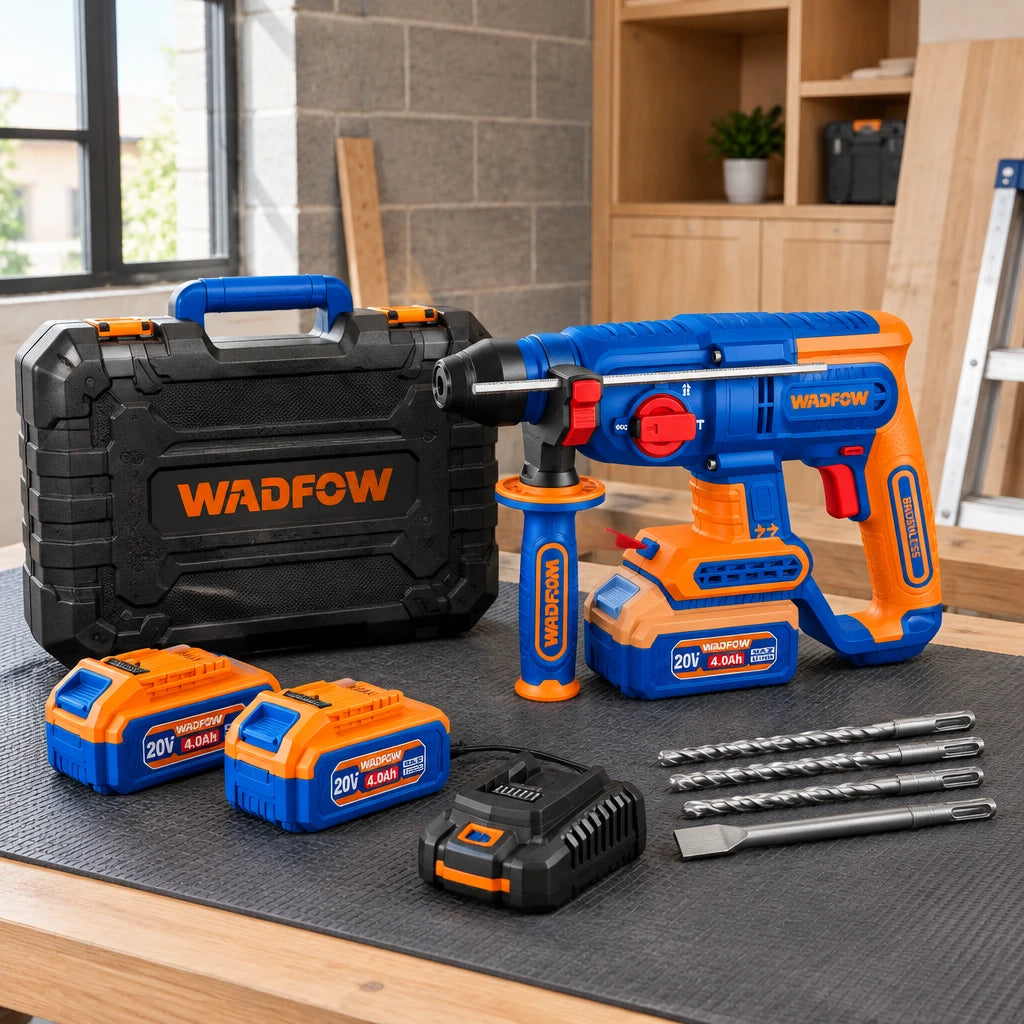 Wadfow 20V rotary hammer kit resting beside its case in a clean townhouse renovation staging area