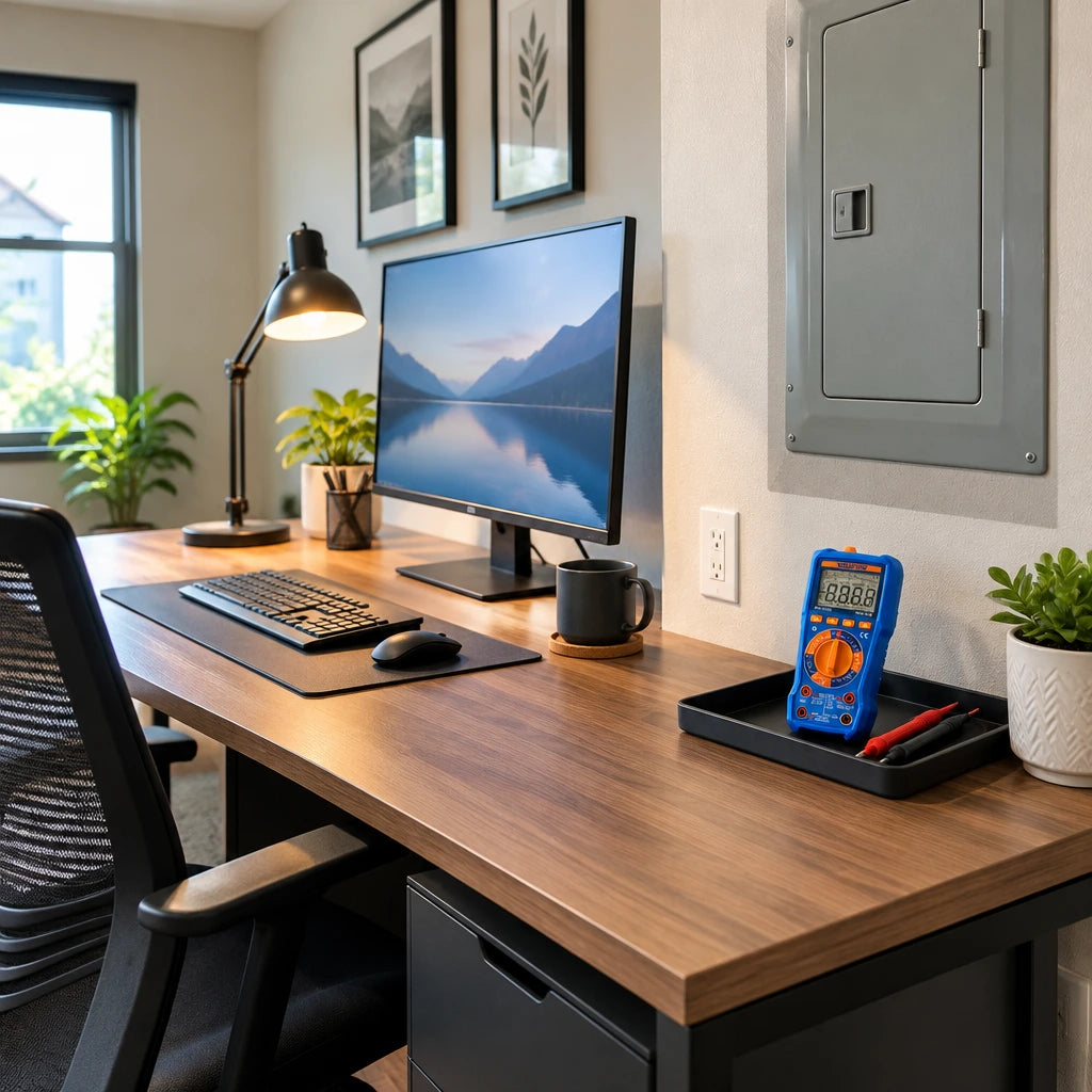 Organized home office with a Wadfow WDM2502 multimeter resting near a checked electrical access panel