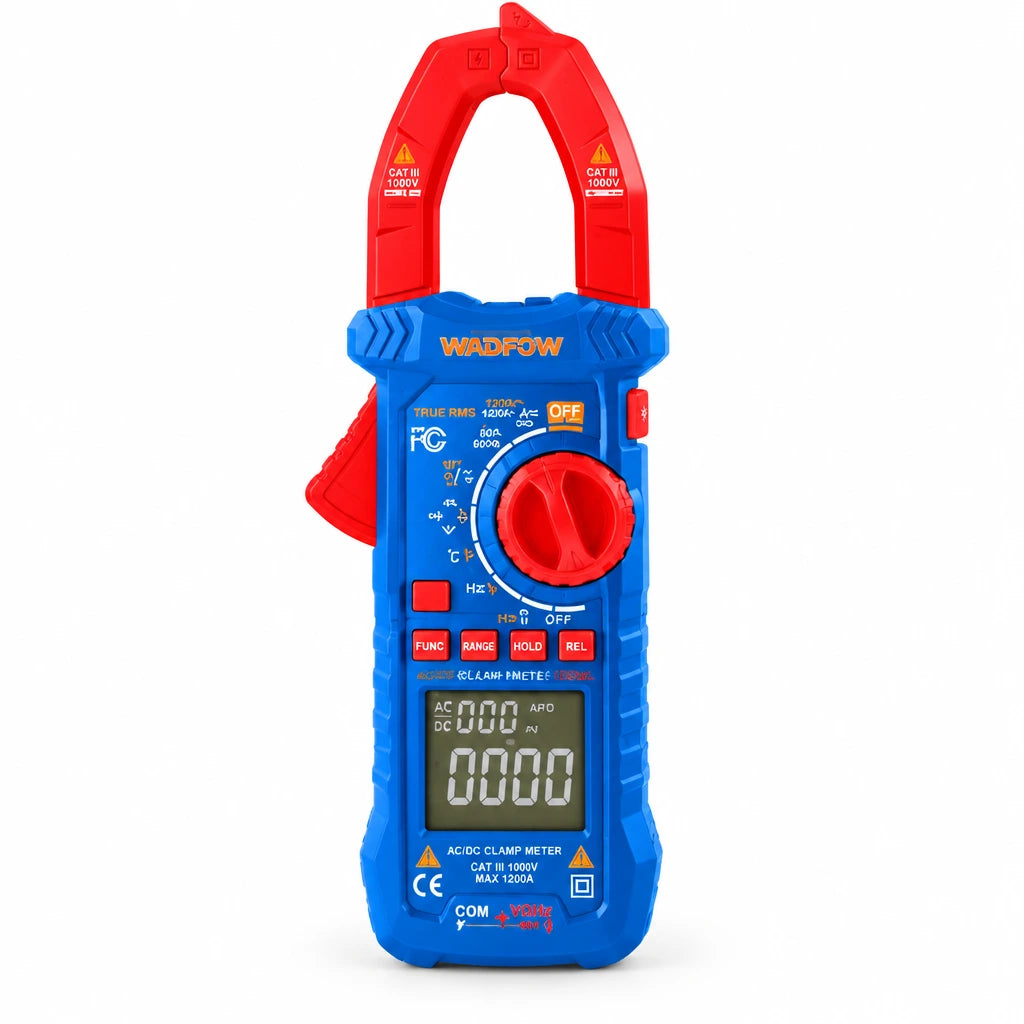 Wadfow WDM8802 red and blue 1,200A digital AC/DC clamp meter on white background
