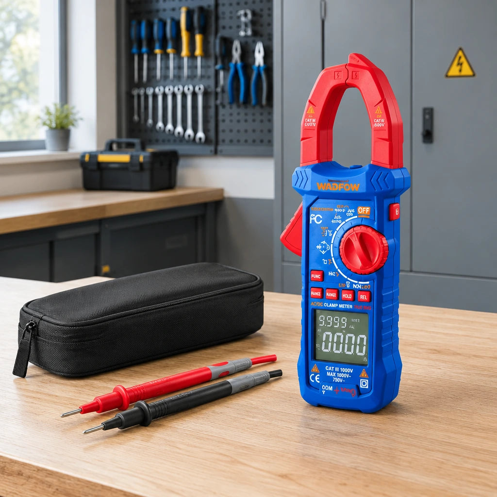 Wadfow WDM8802 clamp meter resting with its test probes in an organised electrical service workspace