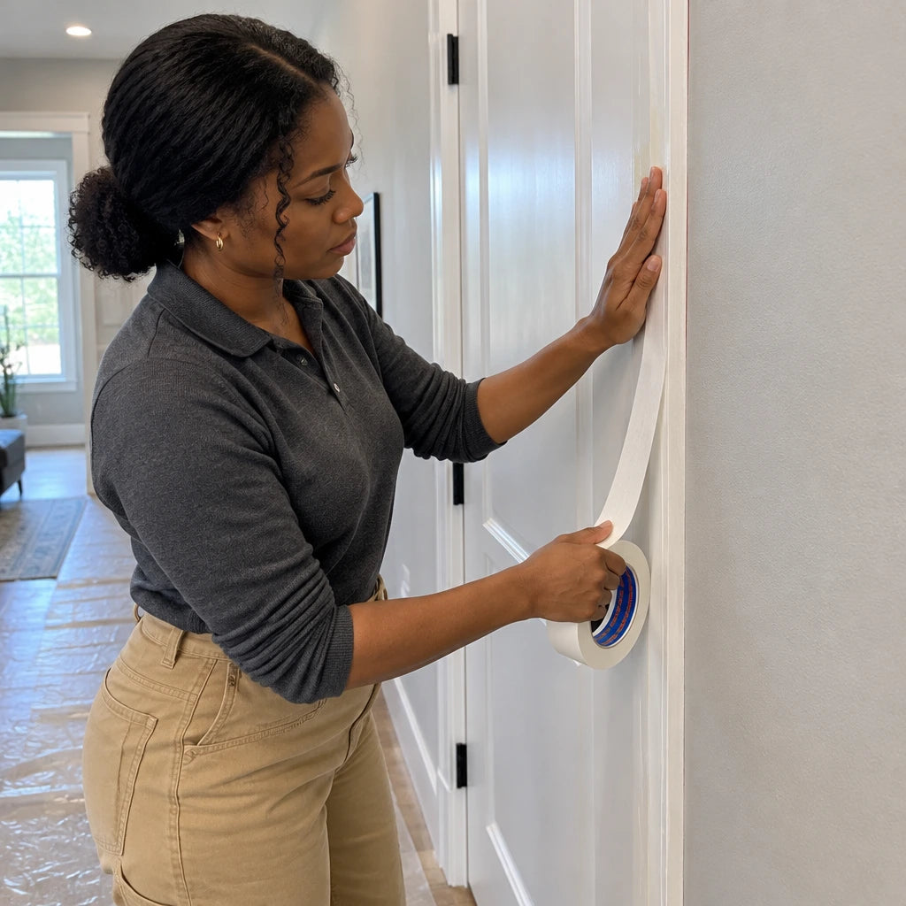 African American decorator applying Wadfow white masking tape along a door casing before repainting a hallway wall