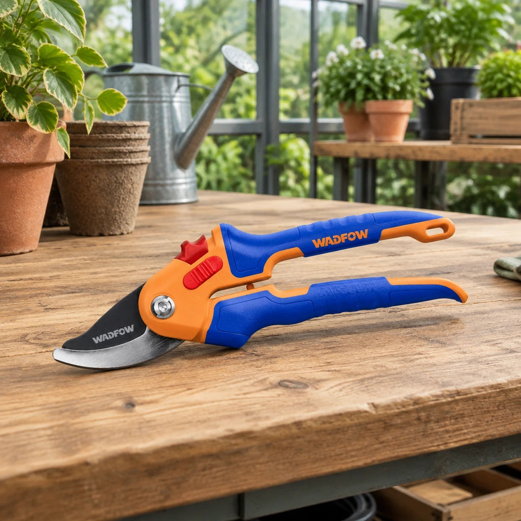 Wadfow pruning shear resting closed on an organised greenhouse potting bench