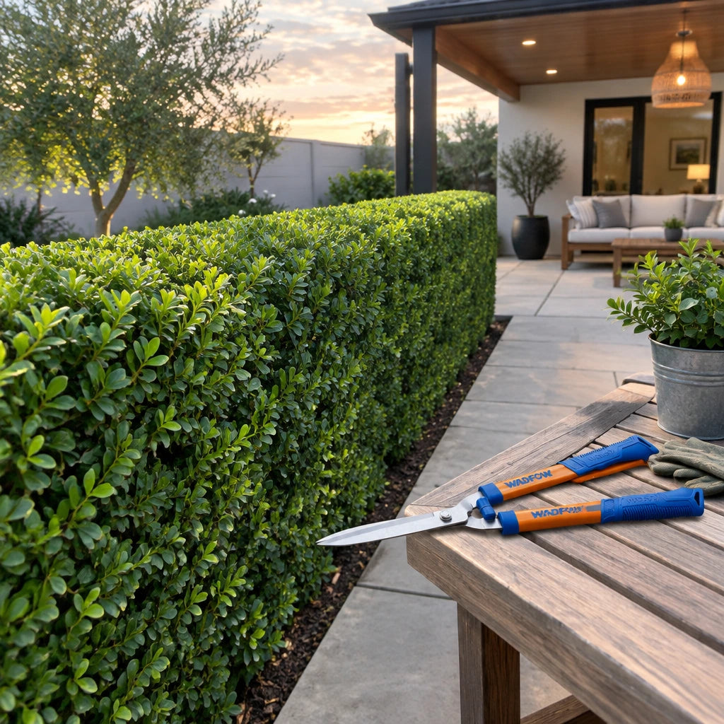Neatly shaped courtyard hedge with Wadfow hedge shears resting on a nearby garden bench