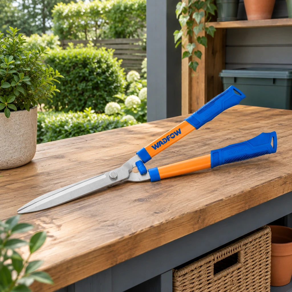 Wadfow hedge shear resting on a covered residential garden potting bench