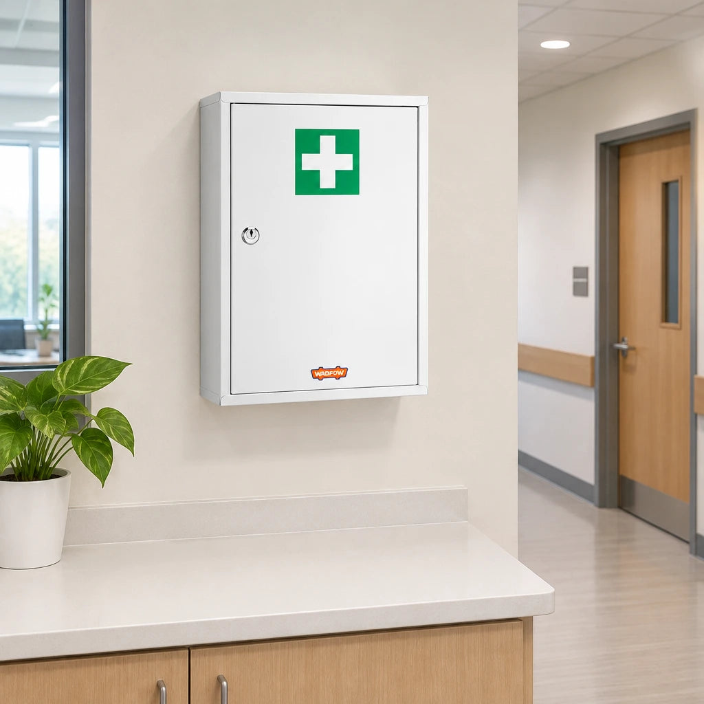 Closed Wadfow wall-mounted medical cabinet installed above a clear counter in a modern workplace first-aid area