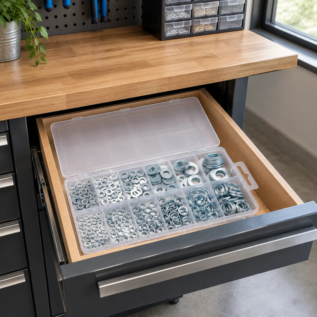 Wadfow washer and lock kit stored in a clear organiser drawer in a tidy contemporary home utility workshop