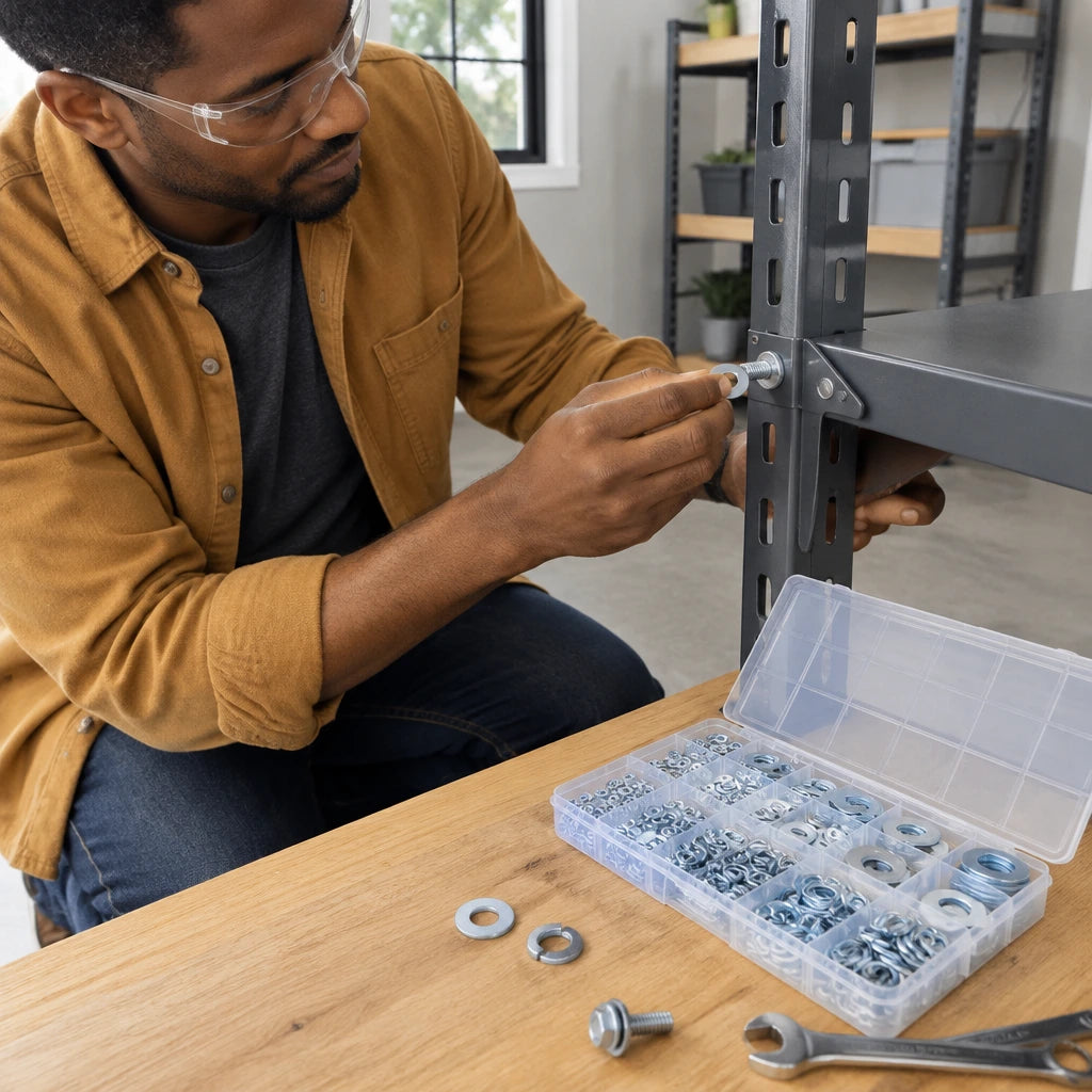 African American adult selecting flat and lock washers from the Wadfow WVW1B01 kit for a steel shelf bracket in a home utility room