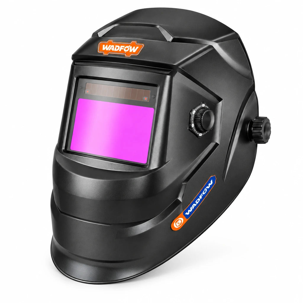 Wadfow WWH3505 black auto-darkening welding helmet with purple viewing lens and adjustable headgear on a white background