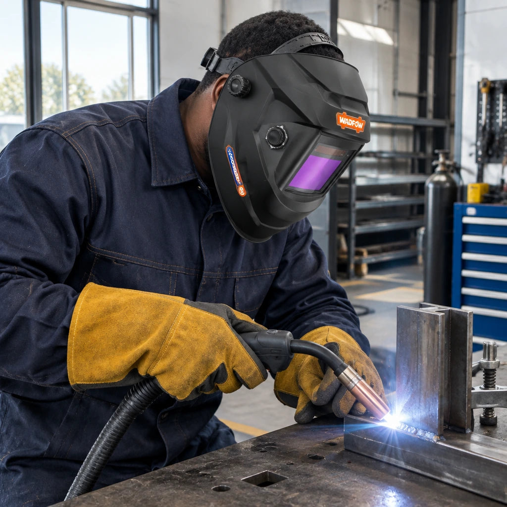 African American metal fabricator wearing a Wadfow WWH3505 auto-darkening helmet while MIG welding a steel joint