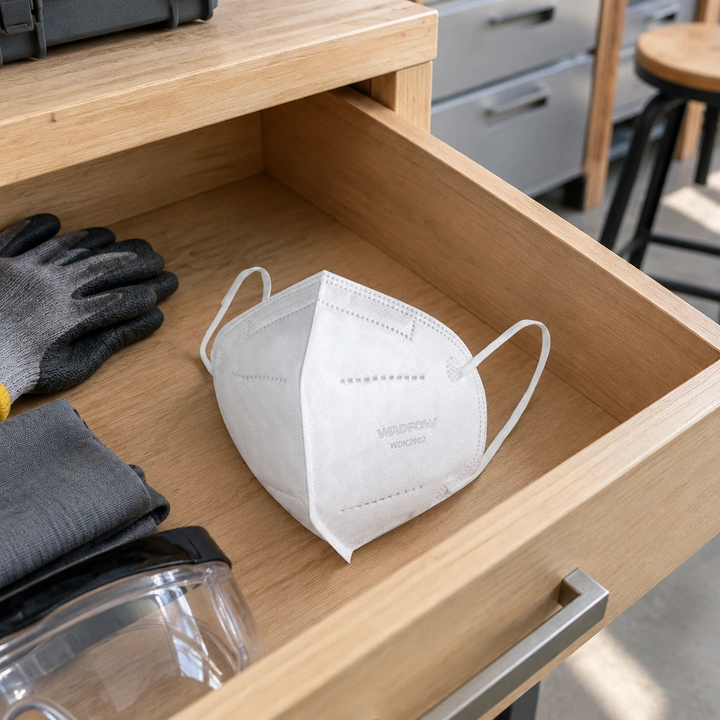 Unused Wadfow WDK2902 dust mask resting in a clean PPE drawer beside a contemporary renovation workspace.