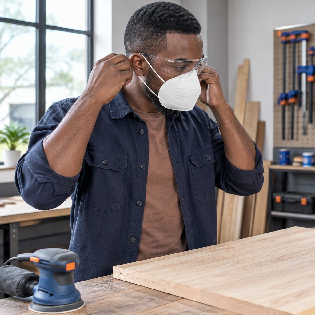 African American renovation worker securing a white Wadfow WDK2902 dust mask before hand-sanding a timber panel.