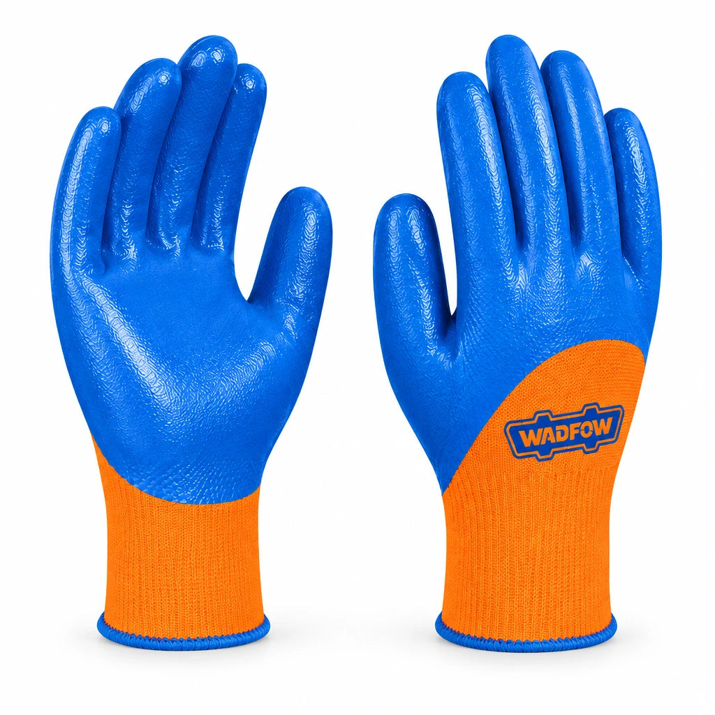 Wadfow WGV2802 XL blue nitrile-coated work gloves with orange polyester cuffs on white background