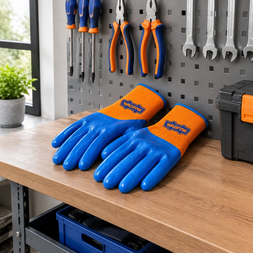 Wadfow WGV2802 nitrile work gloves resting on an organised workshop storage shelf