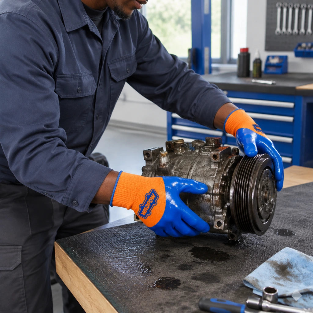 African American maintenance technician wearing Wadfow WGV2802 gloves while handling an oily metal component