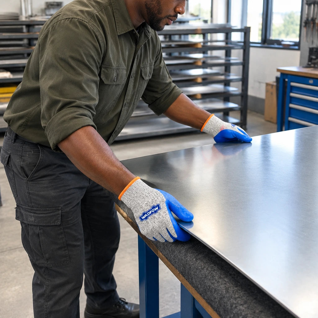 African American sheet-metal technician wearing Wadfow WGV2809 gloves while positioning a metal panel on a fabrication bench.