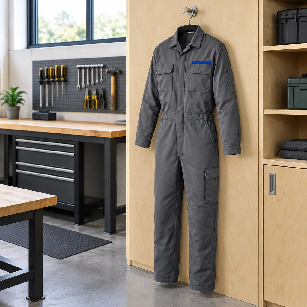Grey Wadfow WUN2802.L work coverall hanging in an organised contemporary workshop changing nook