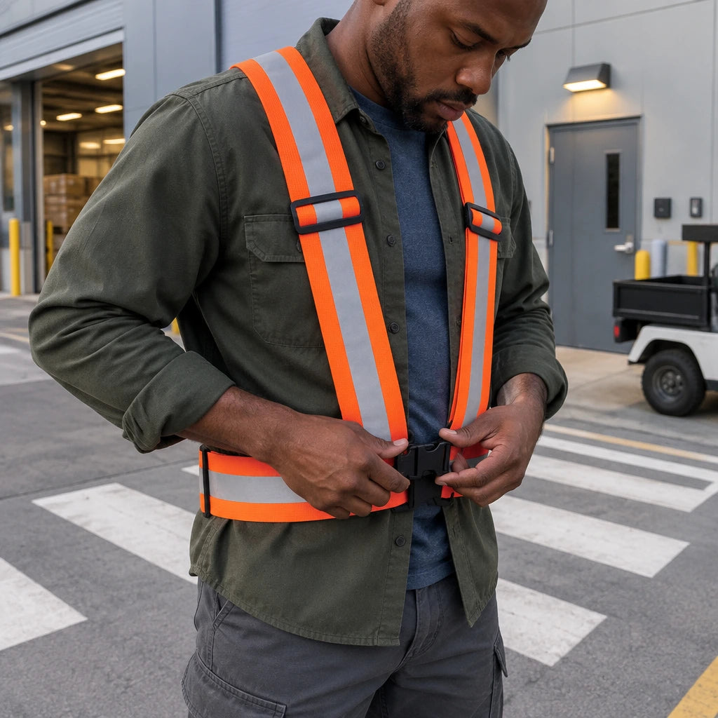 African American facilities worker fastening a Wadfow WRV3811 orange reflective vest before entering a commercial loading area