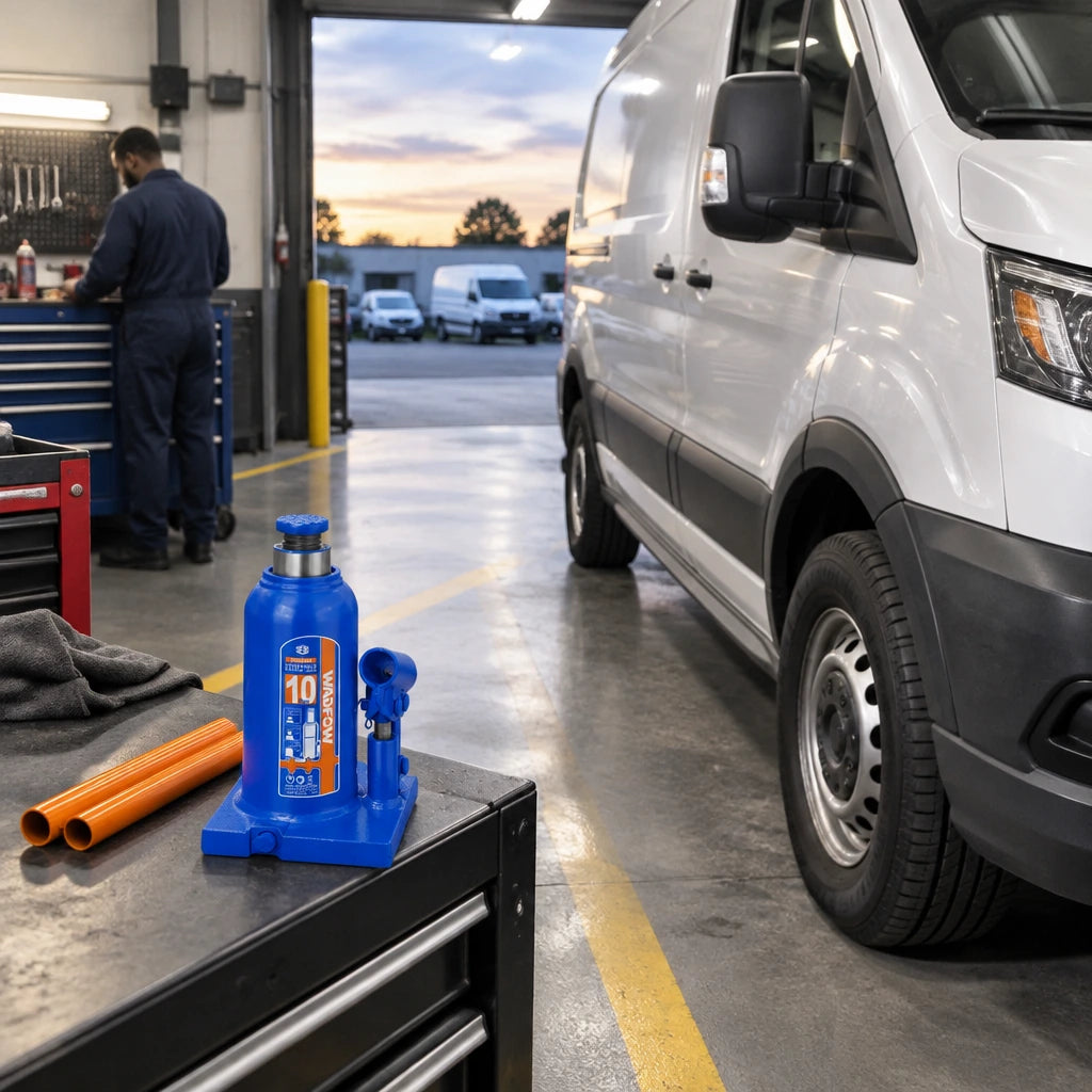 Serviced commercial vehicle ready in a clean maintenance bay with the lowered Wadfow WHJ1510 bottle jack parked nearby