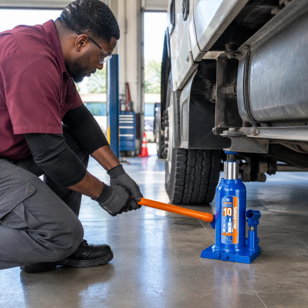 African American technician pumps a Wadfow WHJ1510 bottle jack beneath a compatible commercial vehicle in a clean service bay