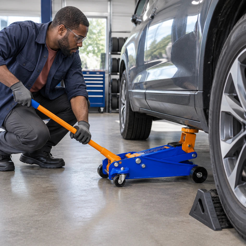 African American automotive technician uses the Wadfow WHJ2531 floor jack to begin lifting a vehicle at a designated service point.