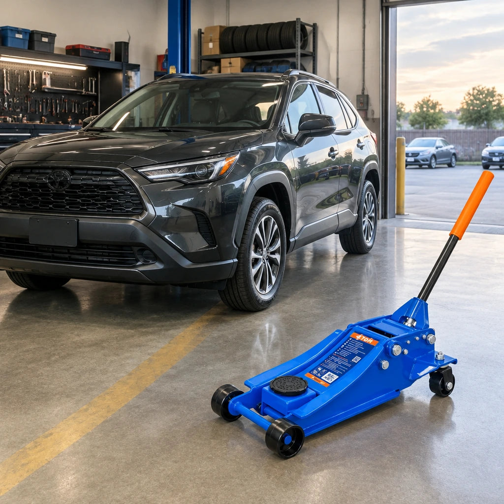 Compatible vehicle ready to leave a service bay with the inactive Wadfow WHJ2541 floor jack parked nearby