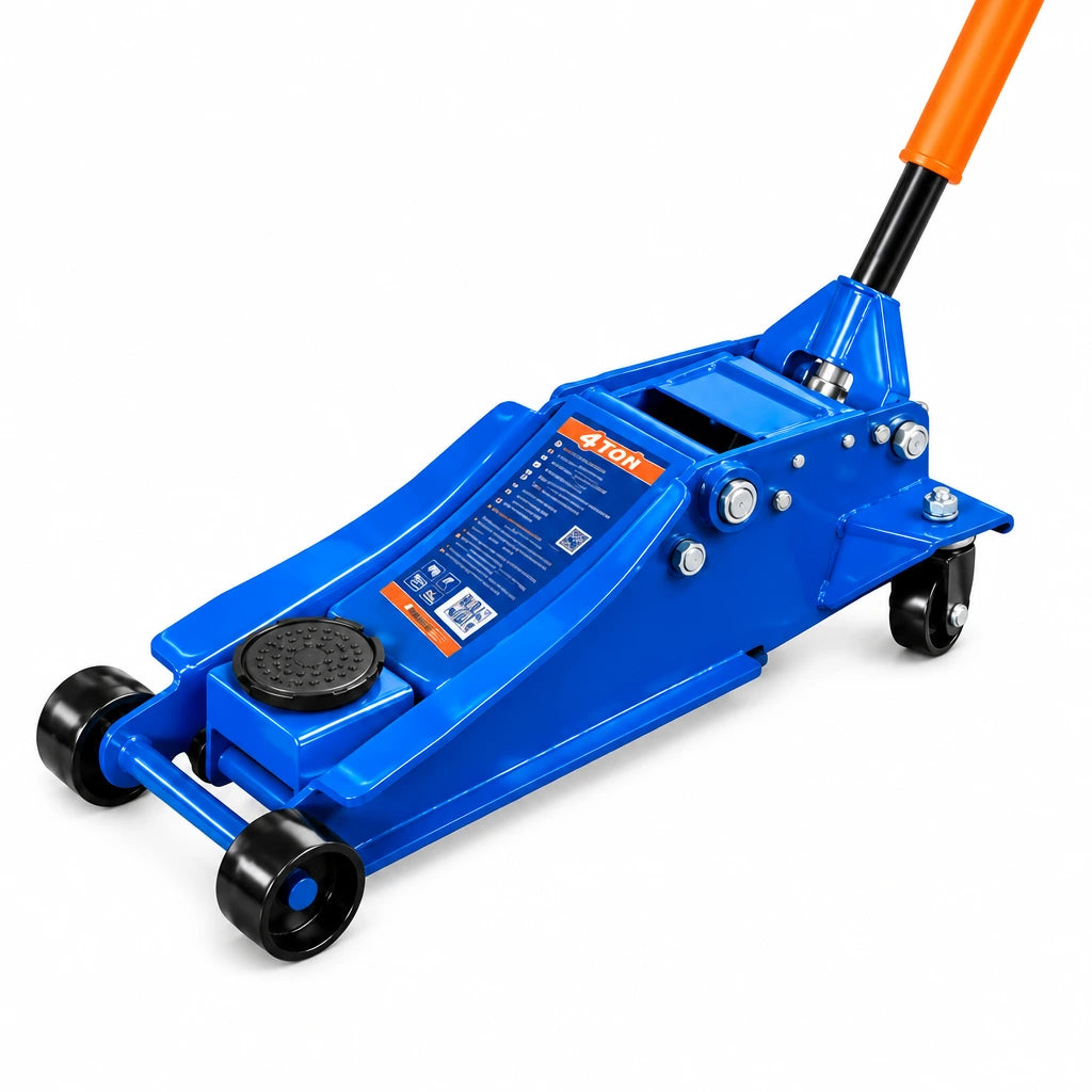 Wadfow WHJ2541 blue 4-ton hydraulic floor jack with orange handle on a white background