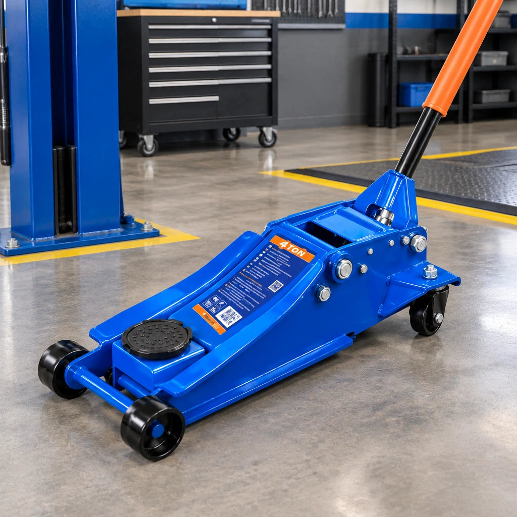 Wadfow WHJ2541 hydraulic floor jack parked in an organised automotive service bay