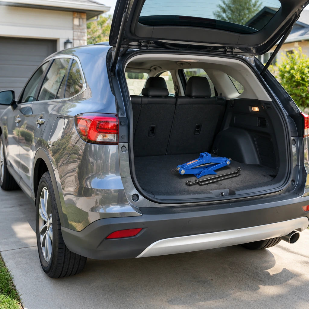 Maintained passenger car ready to travel with the folded Wadfow WHJ4515 scissor jack stored in its open boot
