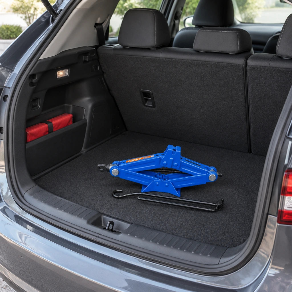 Folded Wadfow WHJ4515 scissor jack stored with its handle in an organised hatchback boot