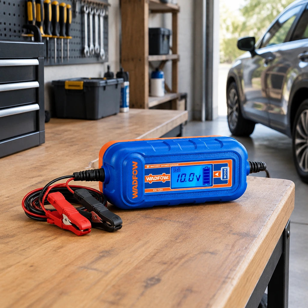 Wadfow WBY15041 battery charger stored on an organised contemporary garage workbench
